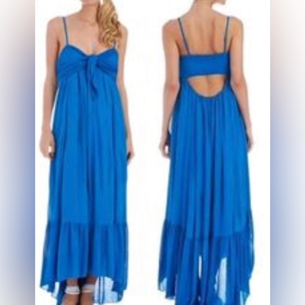 Free People XS Blue Maxi Dress Boho Tie Front Open Back Smocked Bodice - Picture 1 of 10